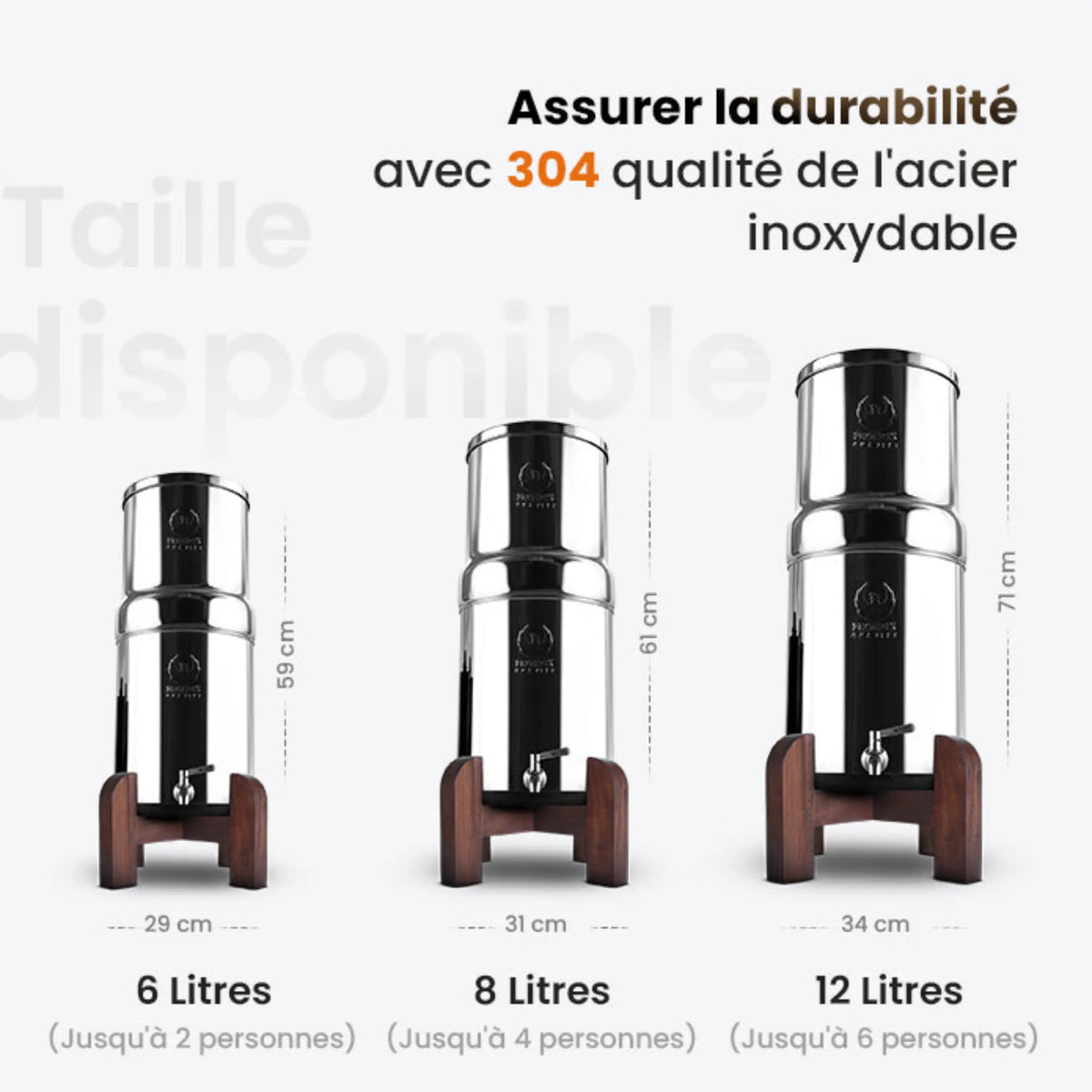 Three water filter bottles with dimensions and capacity information on a white background.