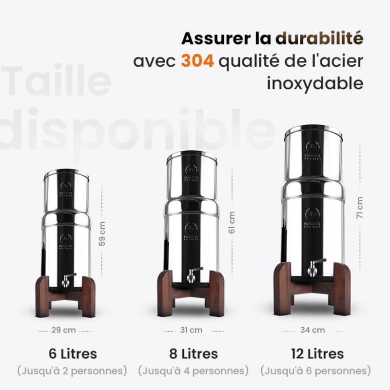 Three water filter bottles with dimensions and capacity information on a white background.