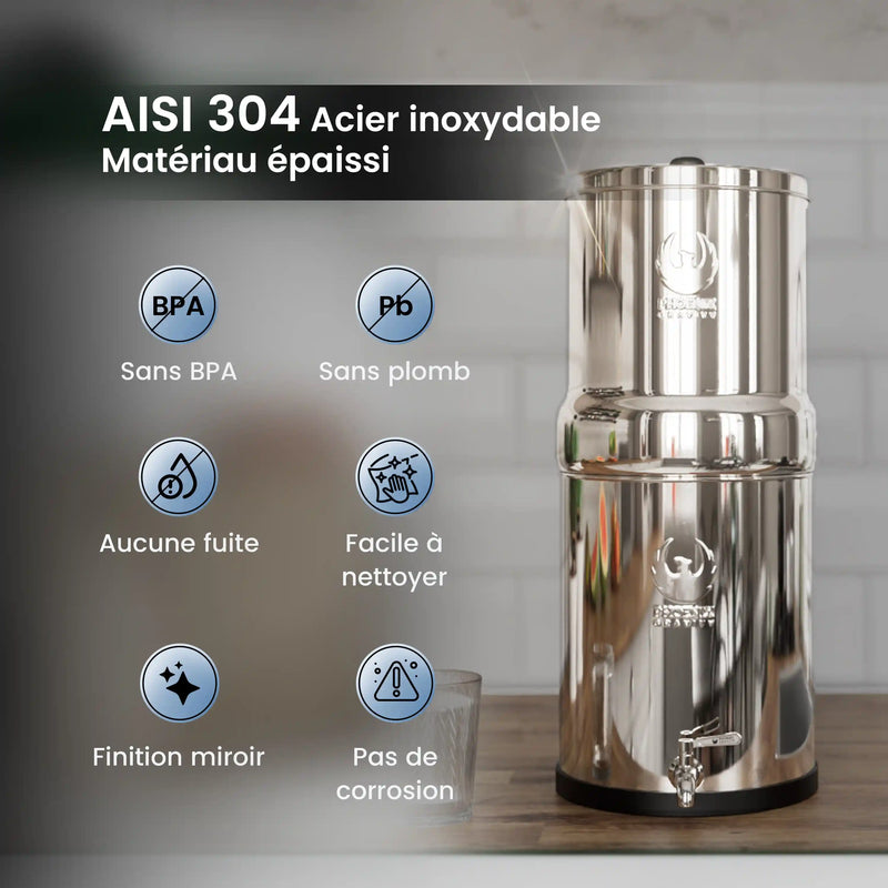 Stainless steel water filter with features listed on a gray background