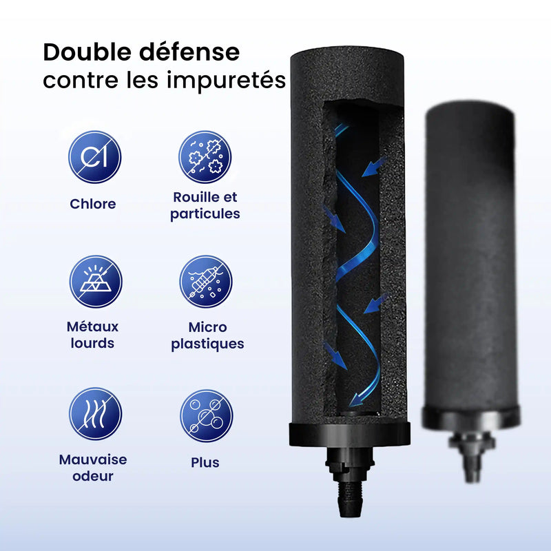 Water filter cartridge with cleaning icons and text on a light blue background