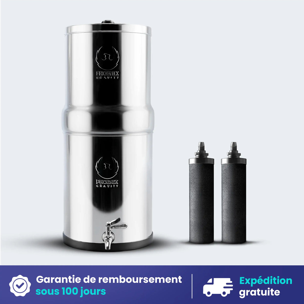 Stainless steel water filter with two additional filters on a light gray background