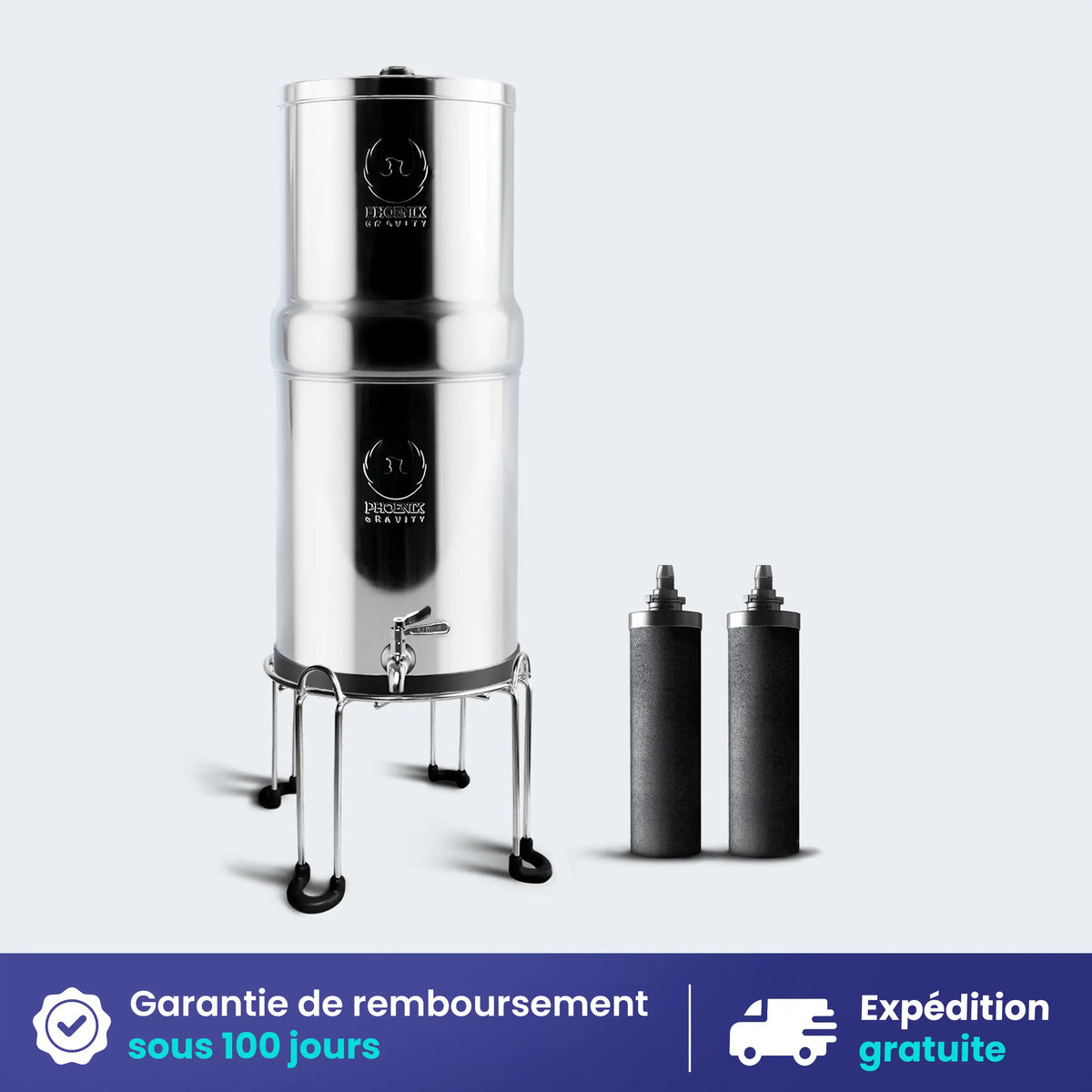 Stainless steel water filter system with two additional filters on a light gray background