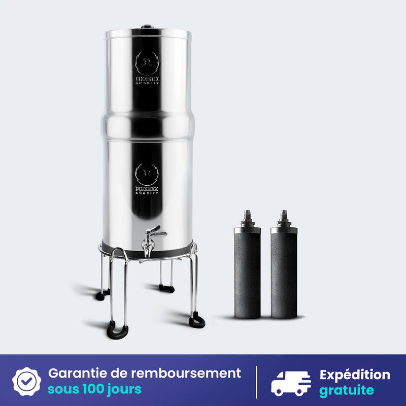 Stainless steel water filter system with two additional filters on a light gray background