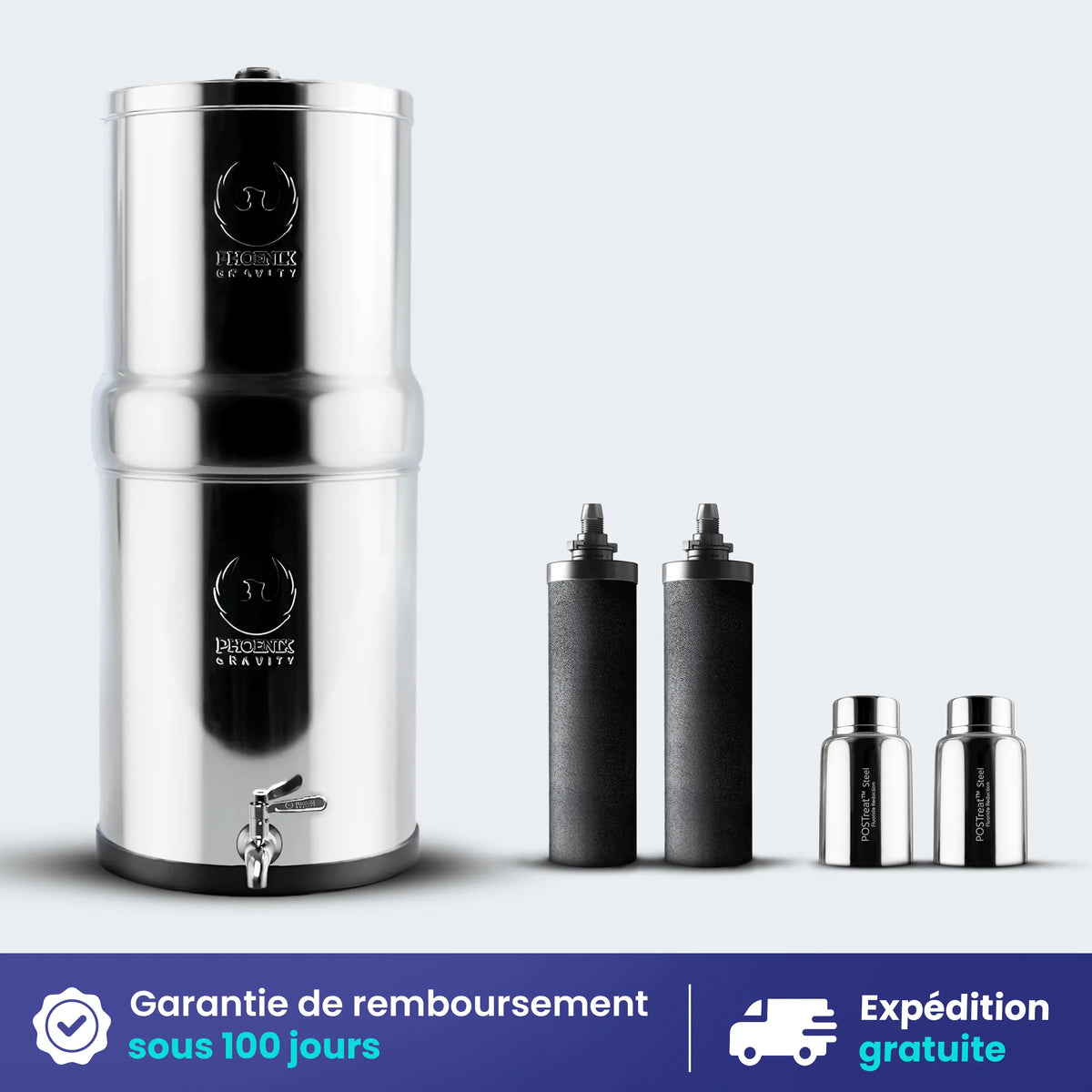 Stainless steel water filter system with additional filters on a light gray background