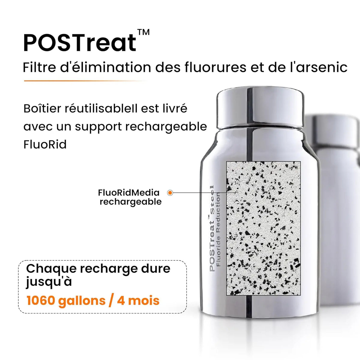 Chrome water filter with text on a white background